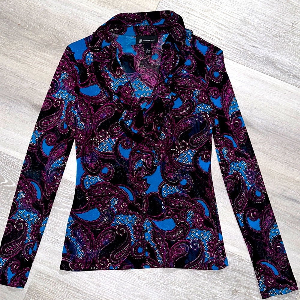 I.N.C. International Concepts Purple Turquoise Shirt w/ Ruffle Collar. Size M